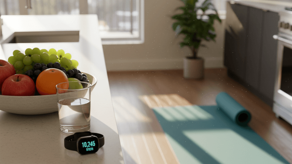 A vibrant morning routine illustration showing water, fruit, yoga mat, and smartwatch, representing Health and fitness tips to increase daily energy