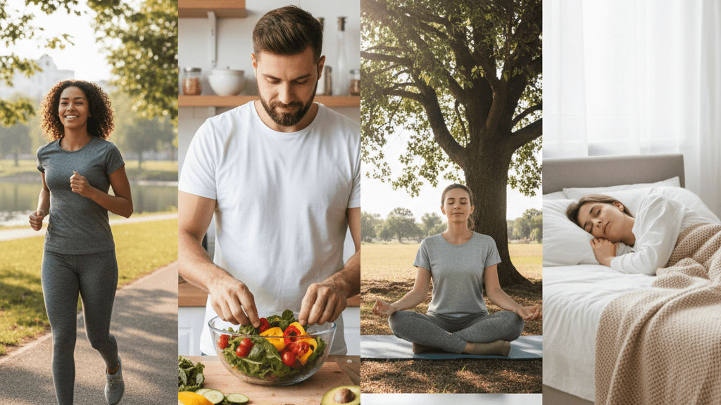 A vibrant illustration of Health with people exercising, eating nutritious food, meditating, using wellness technology, and sleeping peacefully, representing a comprehensive approach to well‑being