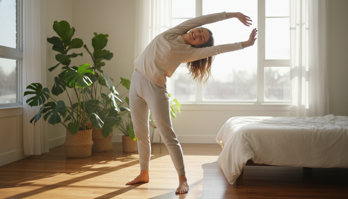 A refreshed person stretching by a sunlit window in the morning, full of natural energy.