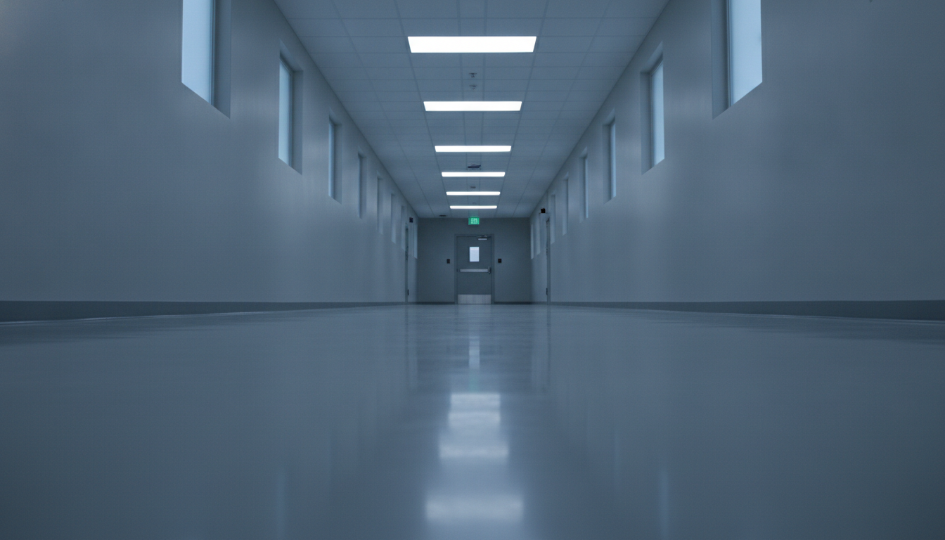 A stark, empty hallway in a modern detention facility, conveying a somber and clinical mood.