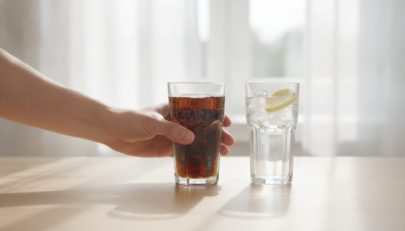 A person choosing a glass of water over a glass of soda, symbolizing a healthy choice.