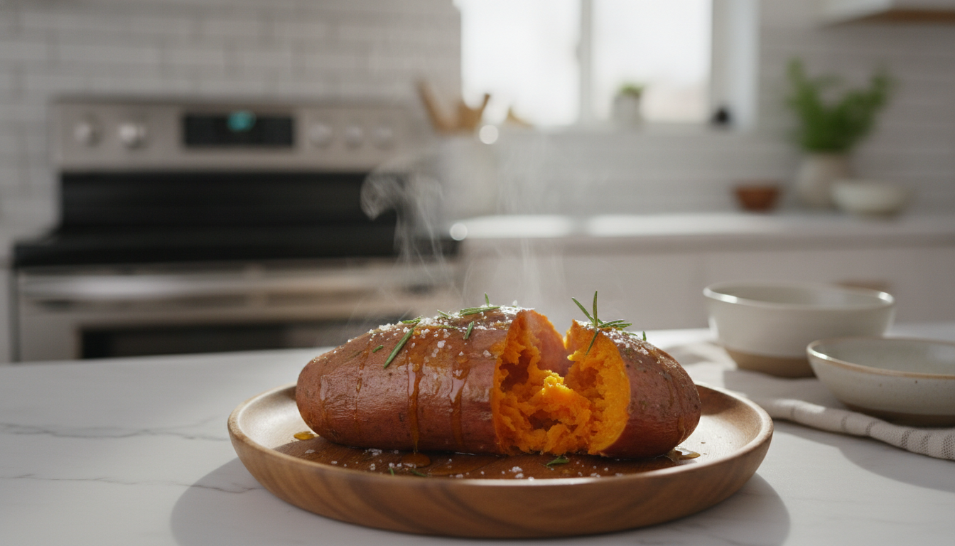 Roasted sweet potato split open showing vibrant orange flesh