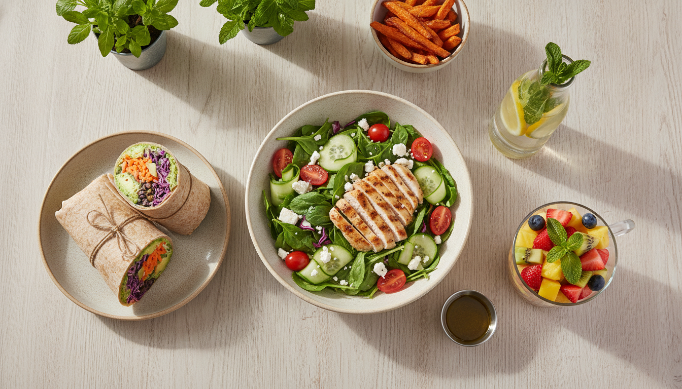 A vibrant flat lay of healthy fast-food options including a grilled chicken salad, a veggie wrap, and a fruit cup.