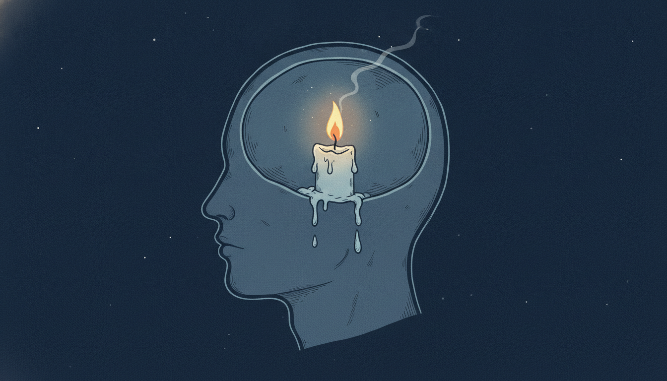 An illustrative image of a human head in profile with a dimly lit, sputtering candle inside, symbolizing low mental energy from lack of sleep.