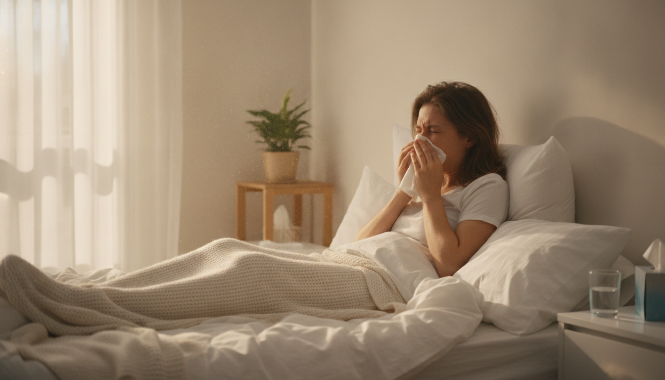 A person looking frustrated while sneezing into a tissue in a sunlit bedroom.