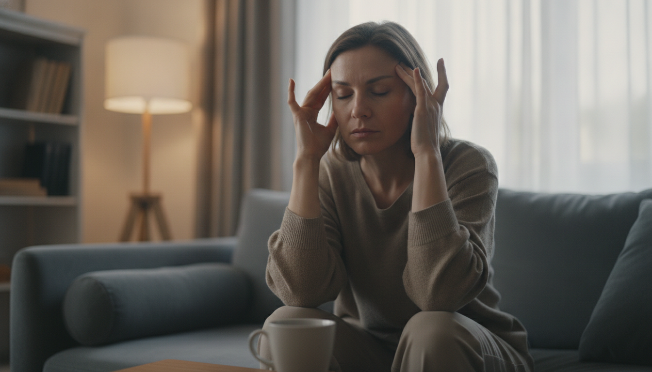 A person sitting on a couch, gently massaging their temples with a tired expression.