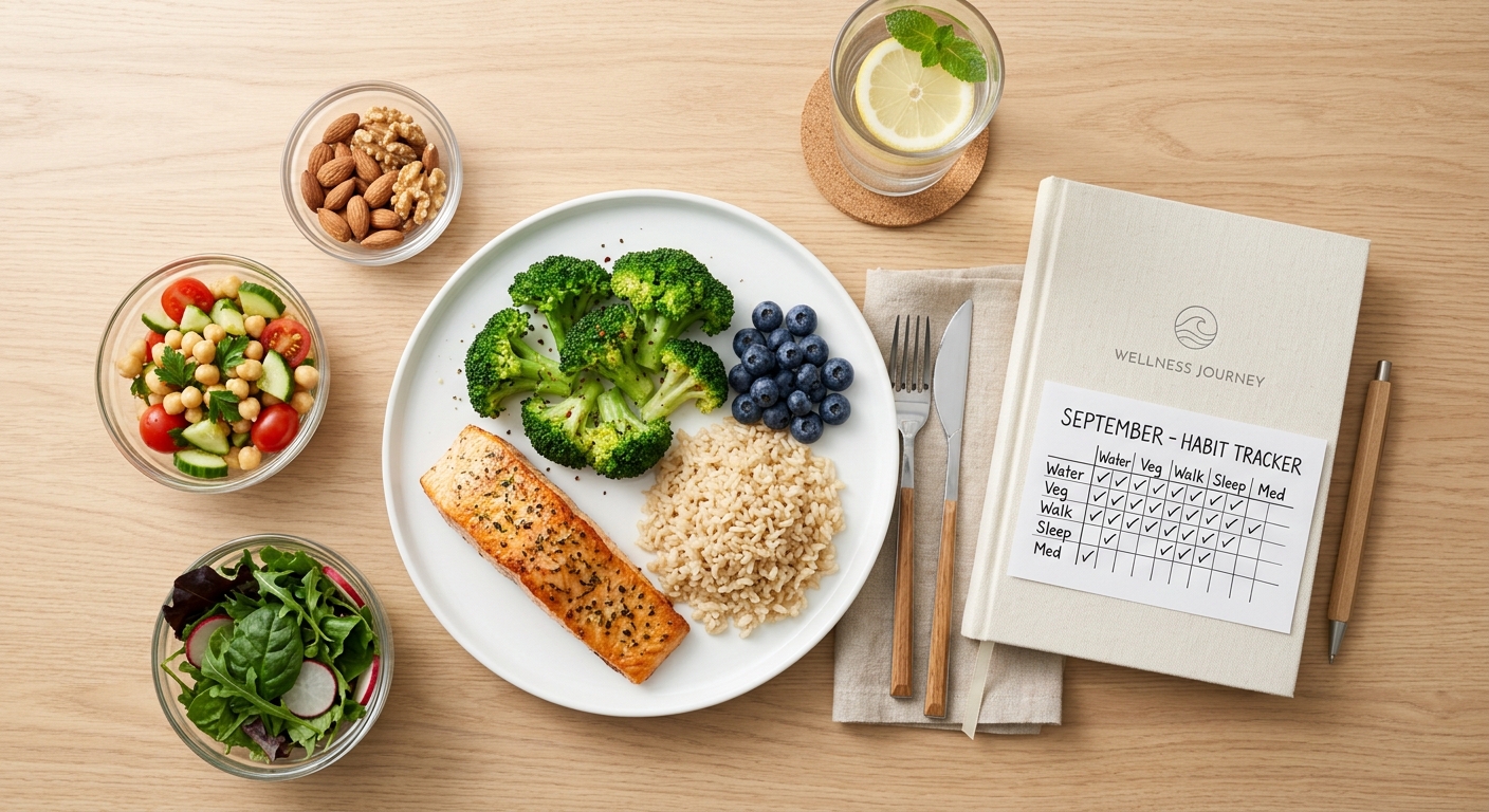 Flat lay of a healthy salmon meal with broccoli, rice, side salads, nuts, water, and a wellness habit tracker journal