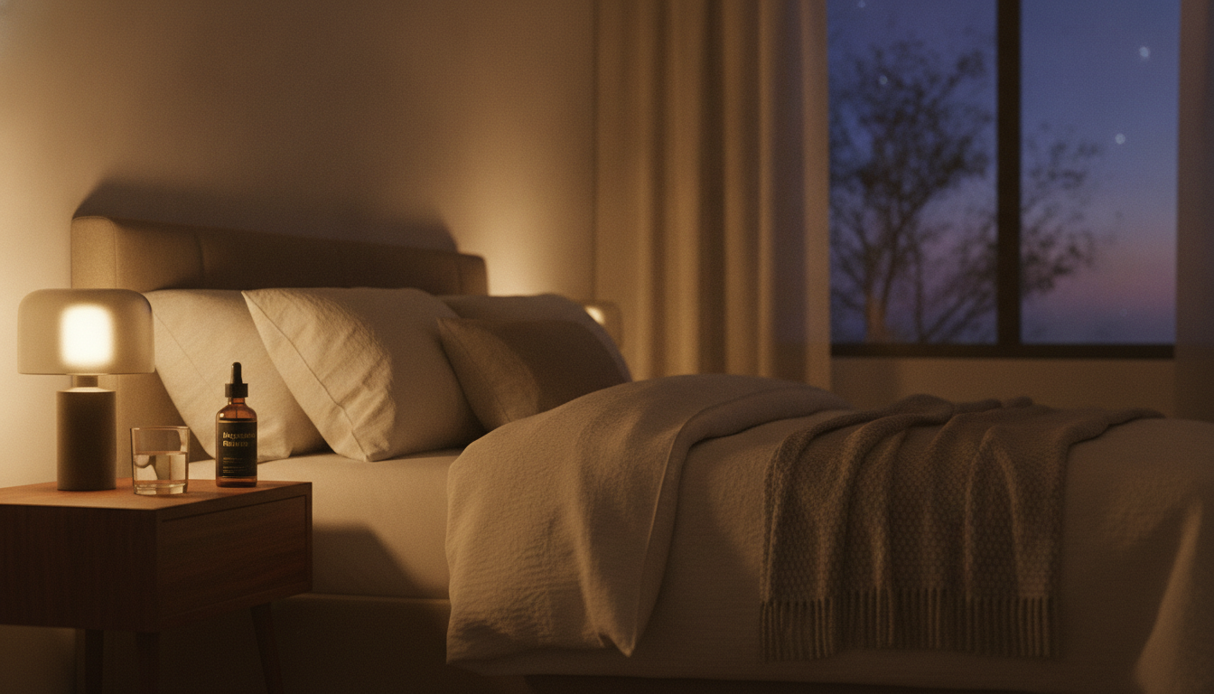 A serene bedroom at twilight with a bottle of magnesium supplements on the nightstand.