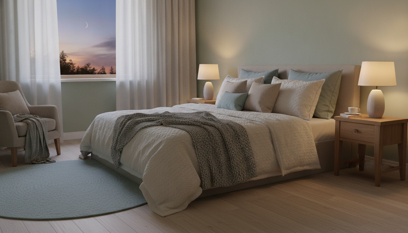 A serene bedroom at dusk, inviting restful sleep.